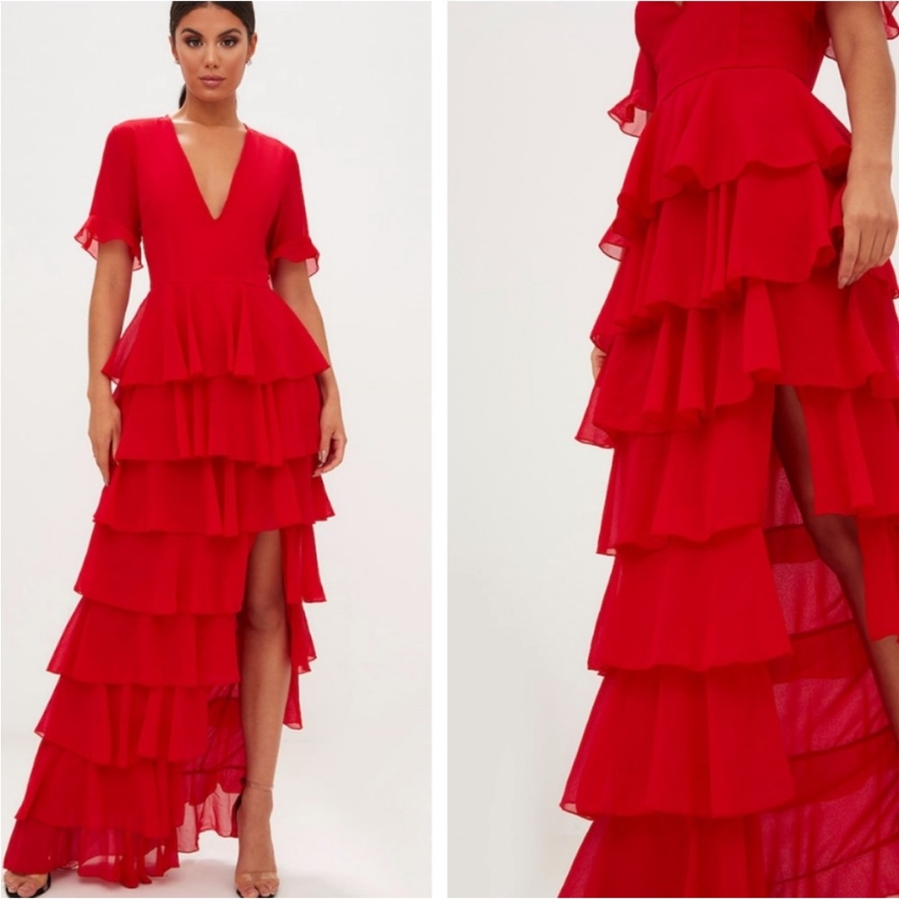 Pretty little thing womans Red Chiffon Ruffle Layer Maxi Dress size 6
